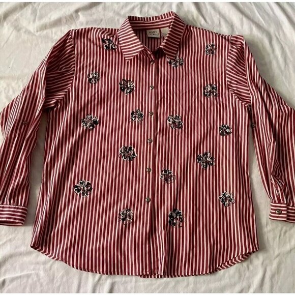 Koret City Blues Red & White Striped Floral Button-Up Shirt L - Picture 1 of 13